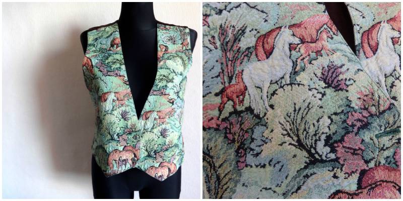 Vintage Gobelin Pferde Print Weste Tiere Drucken Kleidung Deborah Murray Designs Baumwollmischung Grün Braun von Vintageby2sisters
