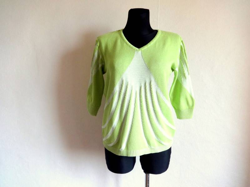 Vintage Hellgrün & Weiß Strickwaren Pullover Top Ellenbogen Länge Ärmel V-Ausschnitt Damen Alltagskleidung Strick von Vintageby2sisters