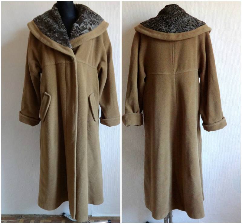 Vintage Leichte Braune Wolle Alpaka Mantel Damen Warmer Wintermantel Naturfell Kragen Versteckte Tasten Schließung Trapez Große von Vintageby2sisters