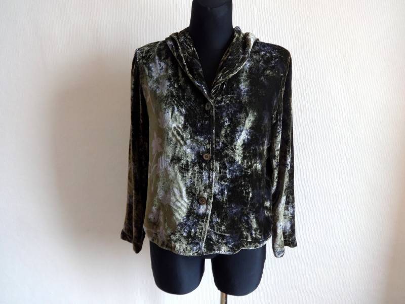 Vintage Moosgrün & Grau Seidenmischung Floral Cardigan Kapuzenjacke Buttons Down Damen Bekleidung Gedruckte Blumen Größe Eur 38 von Vintageby2sisters