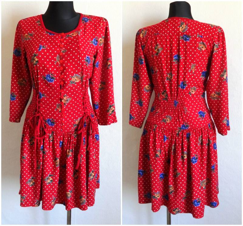 Vintage Red White Floral Dotted Dress Adjustable Waist & Hips Stripe Sommerkleidung 80Er 90Er Round Neck Small Size Knee Length von Vintageby2sisters