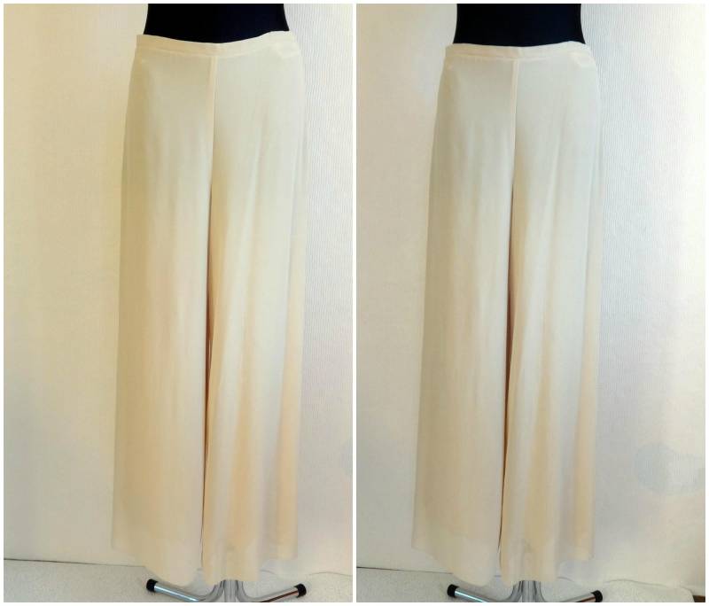 Vintage Sheer Light Beige Creme Weites Bein Hose Vollfutter Damenhose Lange Reißverschluss Größe Eu 40 von Vintageby2sisters