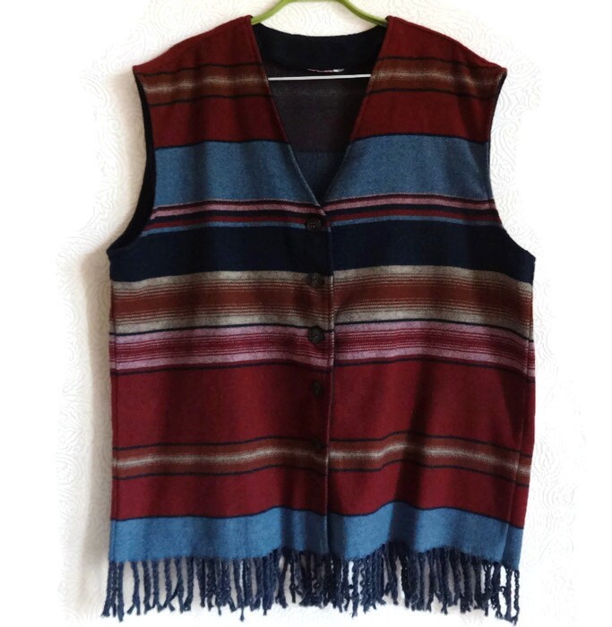Vintage Weste Mit Fransen Frauen Gestreifte Warme Kleidung Knöpfe Unten Xl Größe Rot Blau Mode 90Er Jahre von Vintageby2sisters