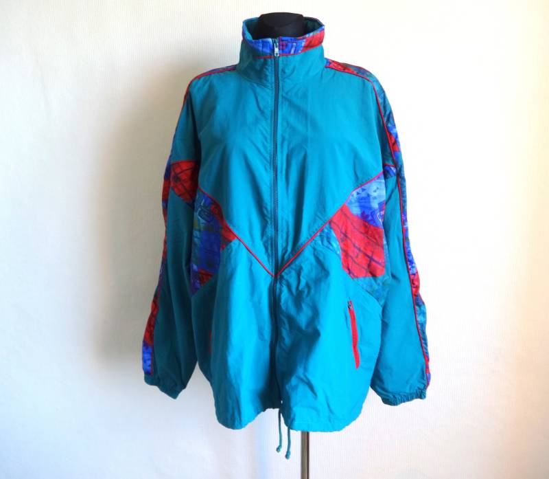 Vintage Windbreaker Sportjacke Unisex Teal Zip Up Jacke Trainingsanzug 90Er Jahre Sehr Große Größe Kleidung von Vintageby2sisters