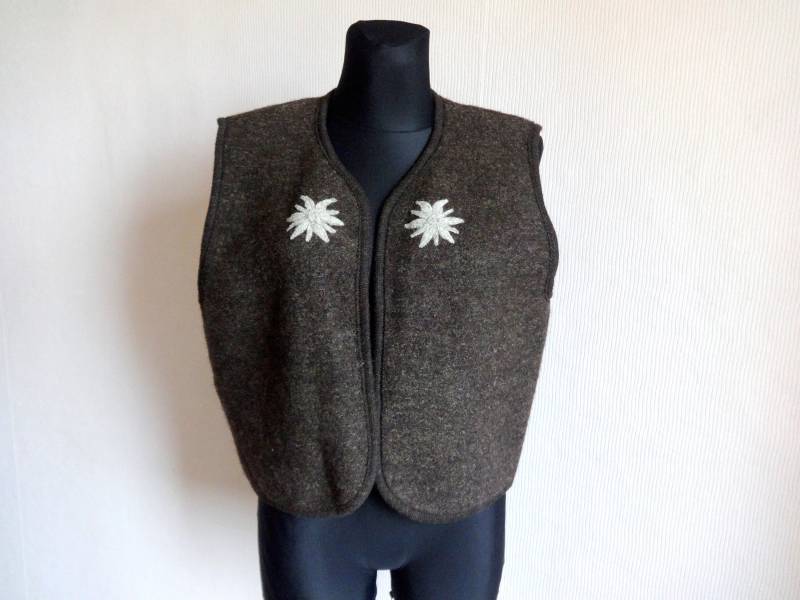 Vintage Wolle Braun Offen Vor Weste Edelweiss Verziert Warme Kleidung Damen Pure Neue West Alltagskleidung Größe 38 von Vintageby2sisters