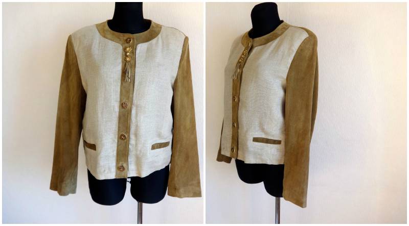 Vintage Women Es Linen Blend & Leather Blazer Drindl Buttons Closure Austrian Bavarian Folk Style Ethnic Jacket Gray Brown Uk 20 von Vintageby2sisters