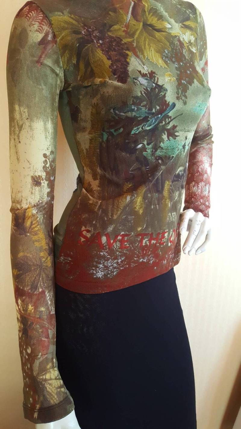 Wunderschönes Save The Queen-Top Mit Transparentem Tattoo-Mesh-Vintage-Blumendruck, Größe S M von VintagecollectorFR