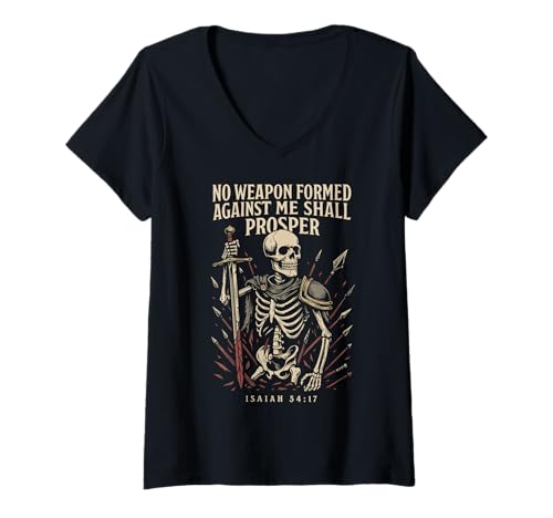 Damen Christlicher Vintage Gothic Skelett Bibelvers Jesaja 54:17 T-Shirt mit V-Ausschnitt Damen Christlicher Vintage Gothic Skelett Bibelvers Jesaja 54:17 T-Shirt mit V-Ausschnitt von Vintagecore Goth Christian Faith Armor Bible Quote