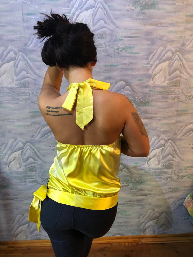Gelbe Bluse Ärmellose Offene Rückseite Dehnbar Frauen Party Medium Size Strand von VintagefairyStudio