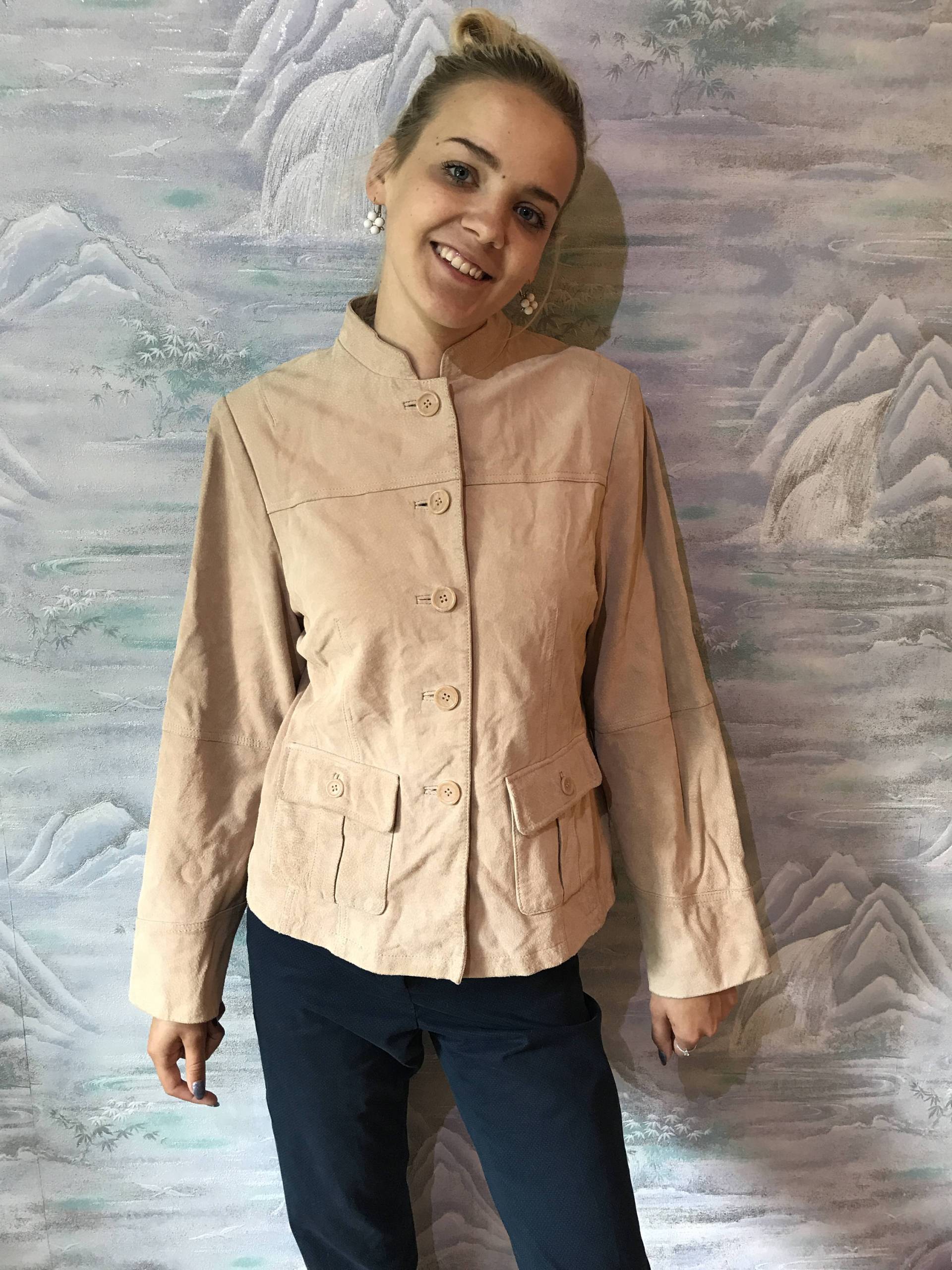 Hellbraunem Wildleder Leder Jacke Beige Westlichen Stil Langarm Knopf Bis 80Er Jahren Vneck Vintage Groß von VintagefairyStudio