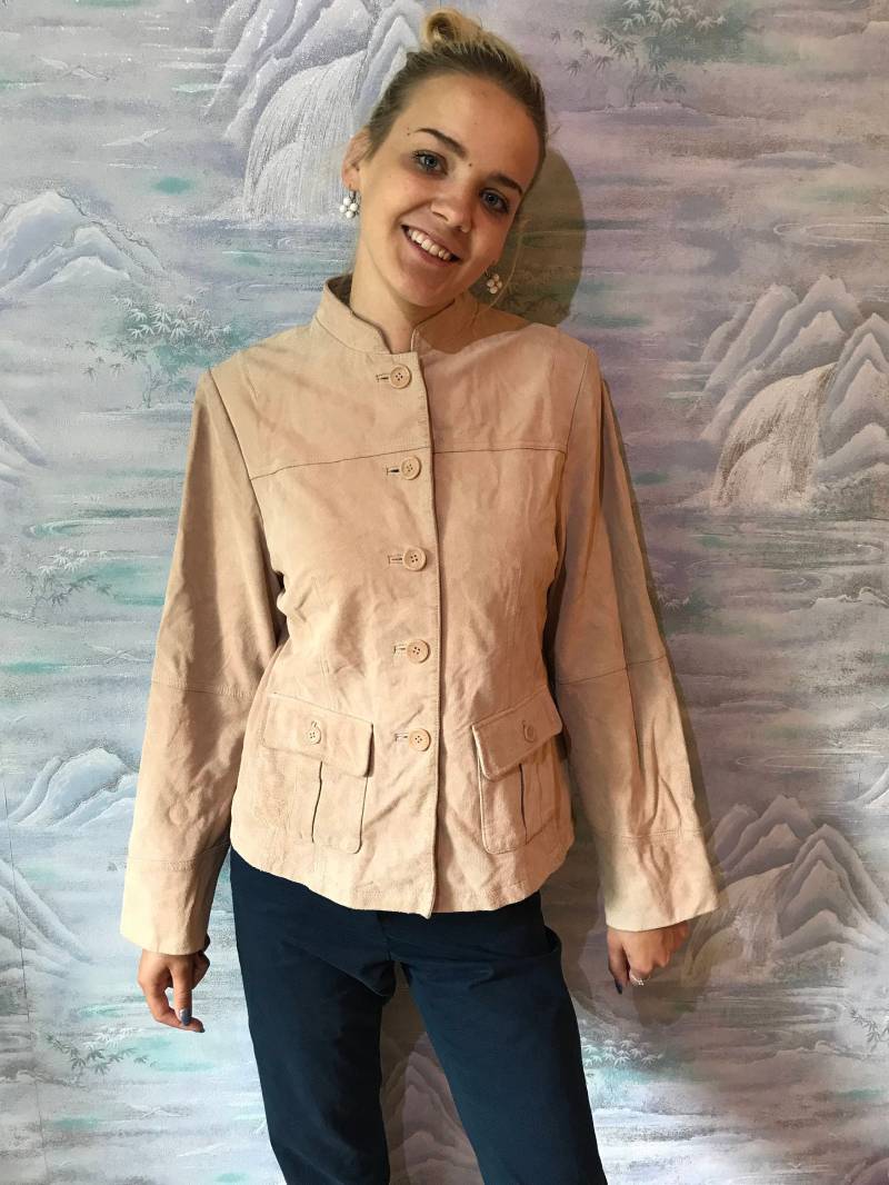 Hellbraunem Wildleder Leder Jacke Beige Westlichen Stil Langarm Knopf Bis 80Er Jahren Vneck Vintage Groß von VintagefairyStudio