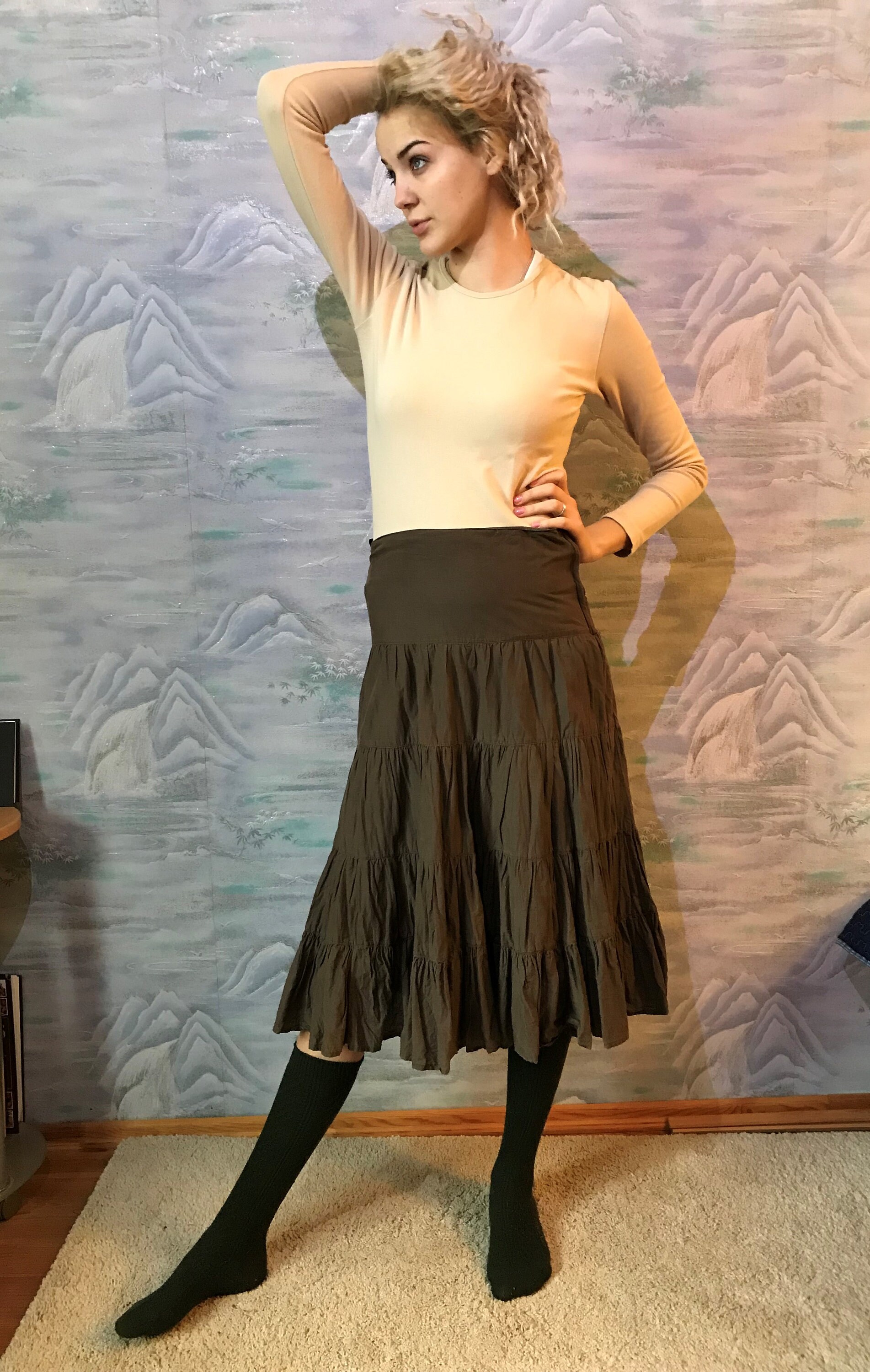 Jahrgang Khaki Midi Rock Moosgrün Rüschen Höhe Taille Tellerrock Boho Mittlerer Größe von VintagefairyStudio