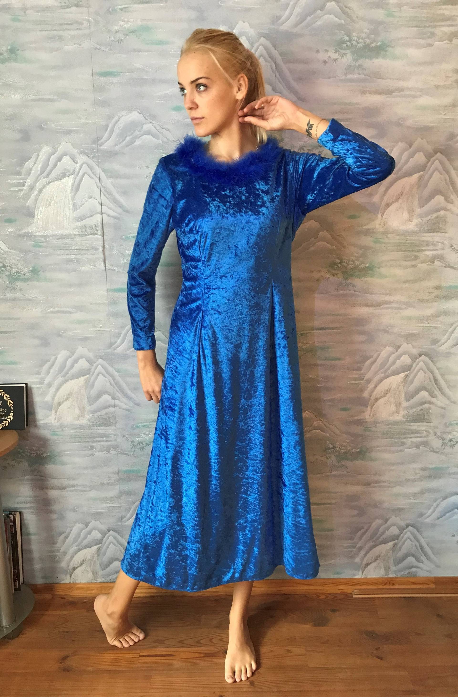Königsblauer Samt-Bodycon-Kleid Mit Langen Ärmeln Abendkleid, Formelles Kleid, Armband-Längen-Ärmelkleid, Mittlere Größe von VintagefairyStudio