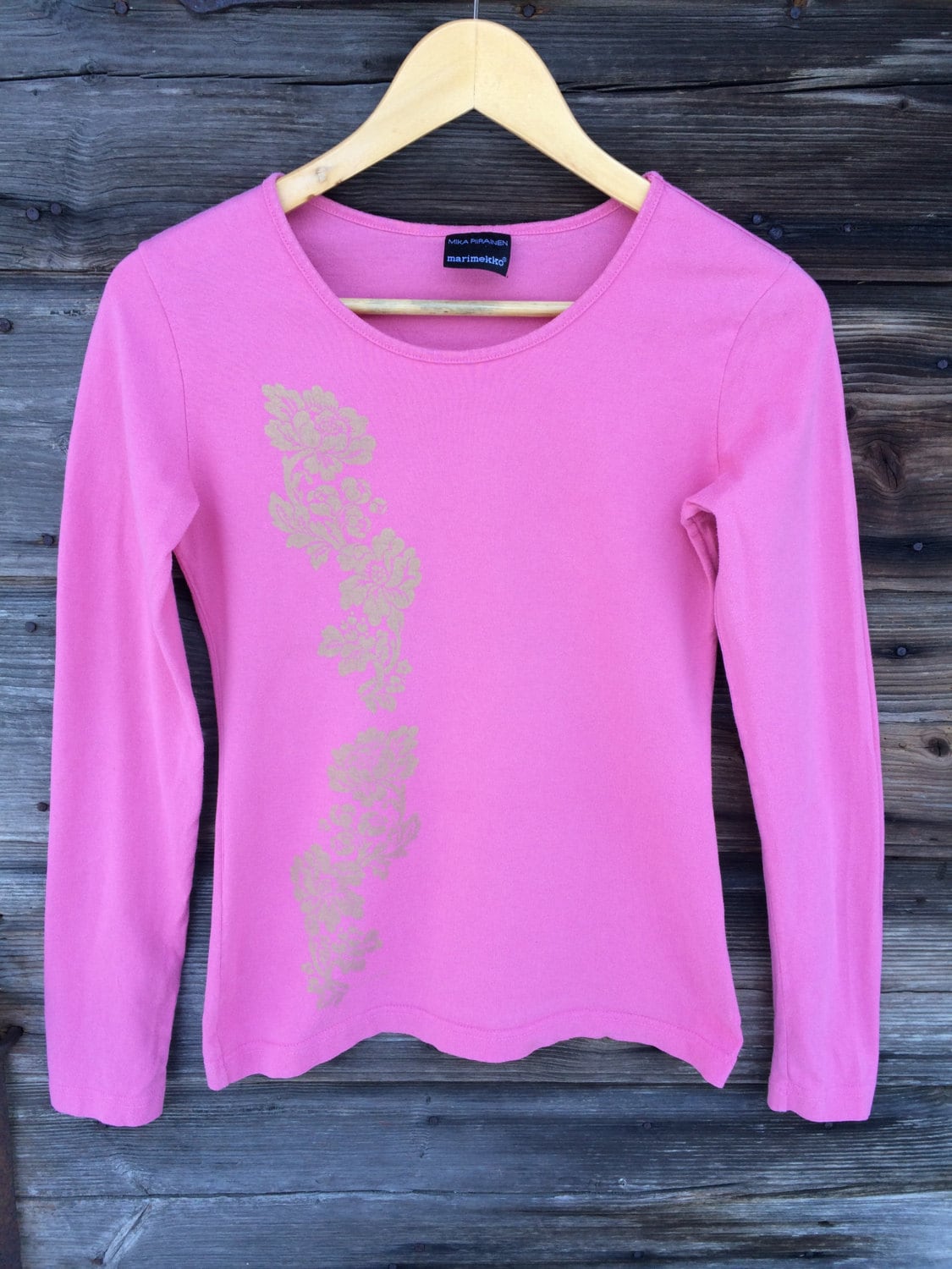 Marimekko Helles Rosa Hemd Langarm Frauen Top Baumwolle Jersey Bluse Shirt Größe S von VintagefairyStudio