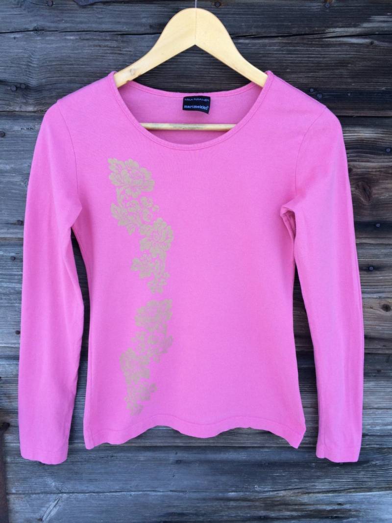 Marimekko Helles Rosa Hemd Langarm Frauen Top Baumwolle Jersey Bluse Shirt Größe S von VintagefairyStudio
