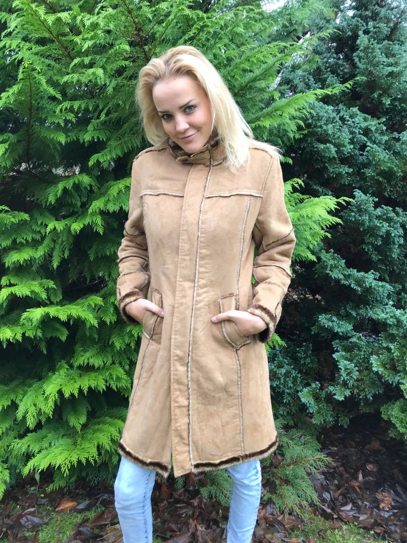 Penny Lane Mantel Vintage Kunstfell Wildleder Sand Braun Hippie Faux Shearling Blazer Hipster Festival Country Coat Medium Size von VintagefairyStudio