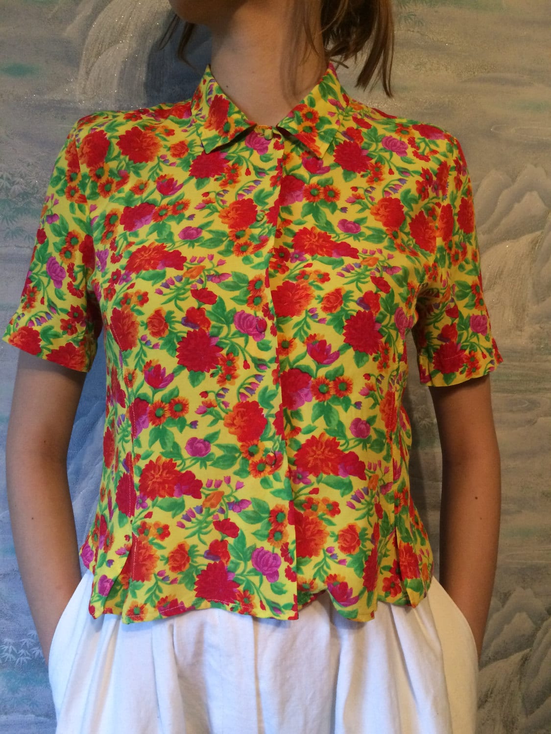 Vintage Damen Hell Farbige Kurzarm Bluse Folk Style Kragen Blumen Sommer Mischung Jacke Kleine Größe von VintagefairyStudio