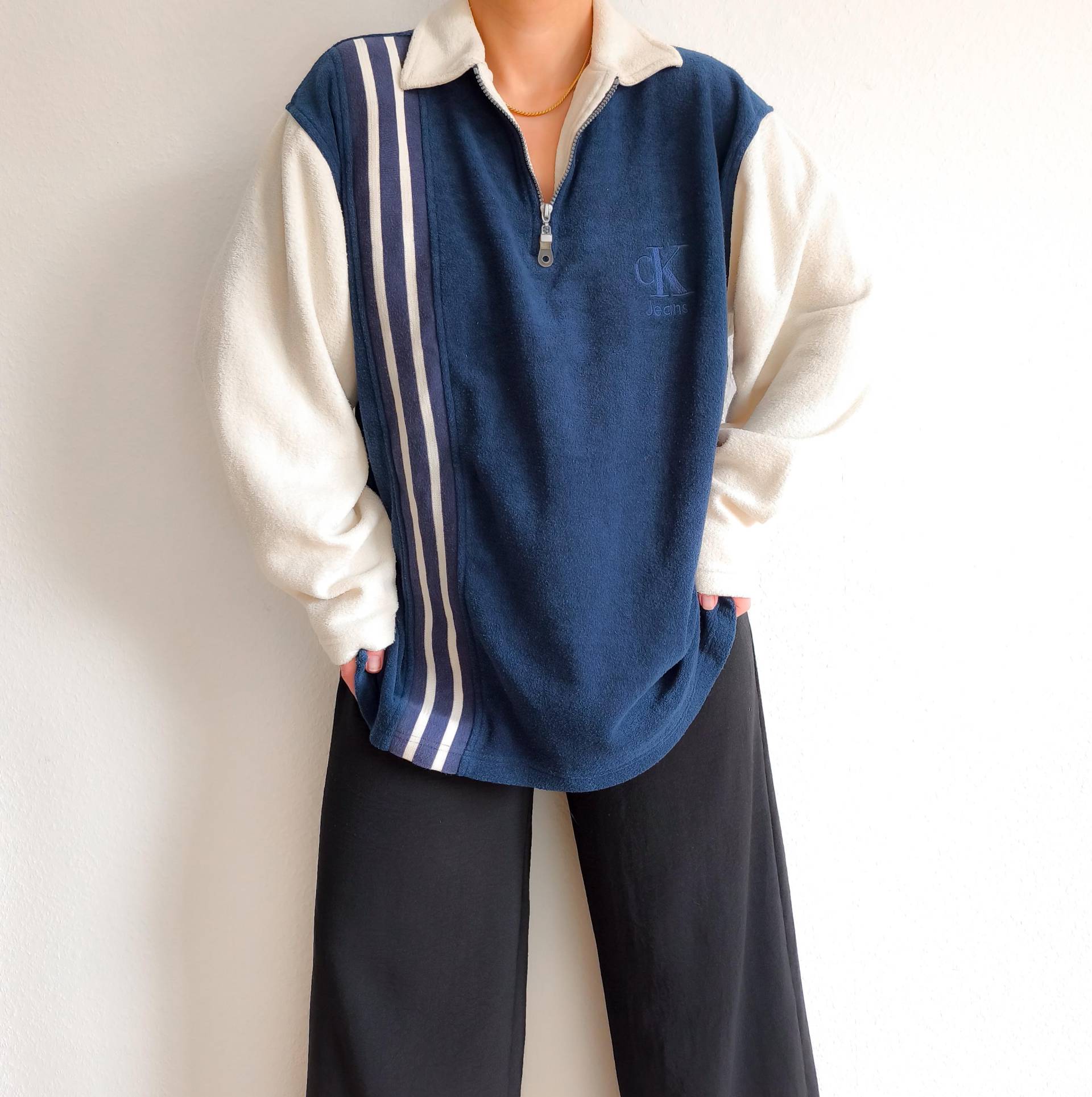 Vintage Calvin Klein Jeans Oversize Sweater 90S Half Zip Frottee Fleece Blau Creme | L Xl Ck Logo Pullover Streetstyle Unikat von VintageflakesDE