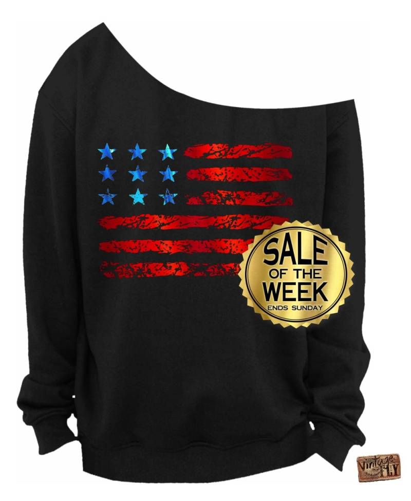 American Flag - Damen Slouchy Sweatshirt 4. Juli Shirt Usa Independence Day Trinkshirt Rot Und Blau Folie S-3x von Vintageflyclothingco