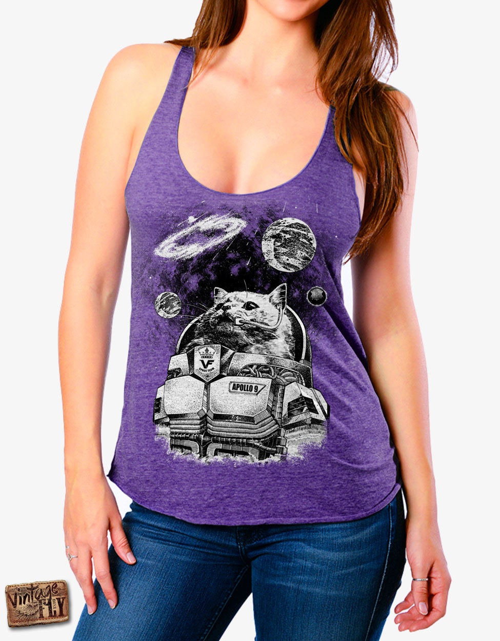 Cat Shirt Für Damen - Space Cat Shirt Tri Blend Racer Back Tank in Schwarz, Grau, Indigo, Lila Und Royal Größen S-xl von Vintageflyclothingco
