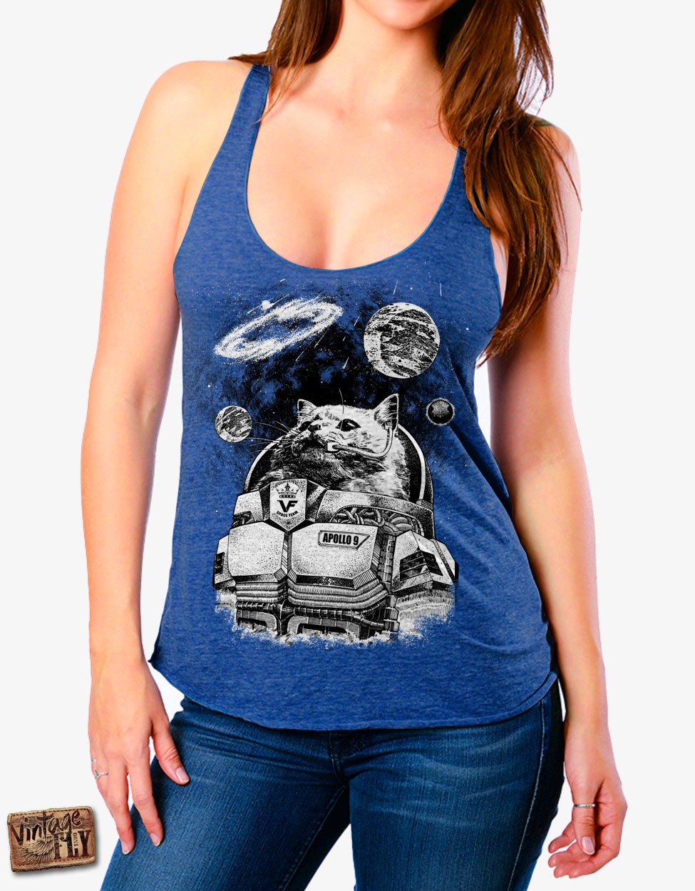 Cat Tank Top - Raum Katze Shirt Tri Mischung Racer Zurück Tank in Schwarz, Grau, Indigo, Lila Und Royal Größen S-xl von Vintageflyclothingco