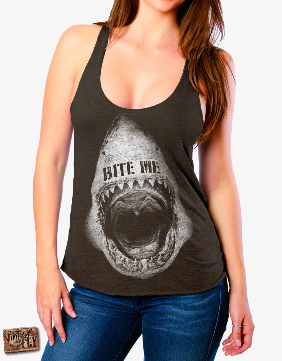Damen Hai Racerback Tank Top - Bite Me Hai Shirt Lustiges Tri Blend Racer Back Größen S-xl von Vintageflyclothingco