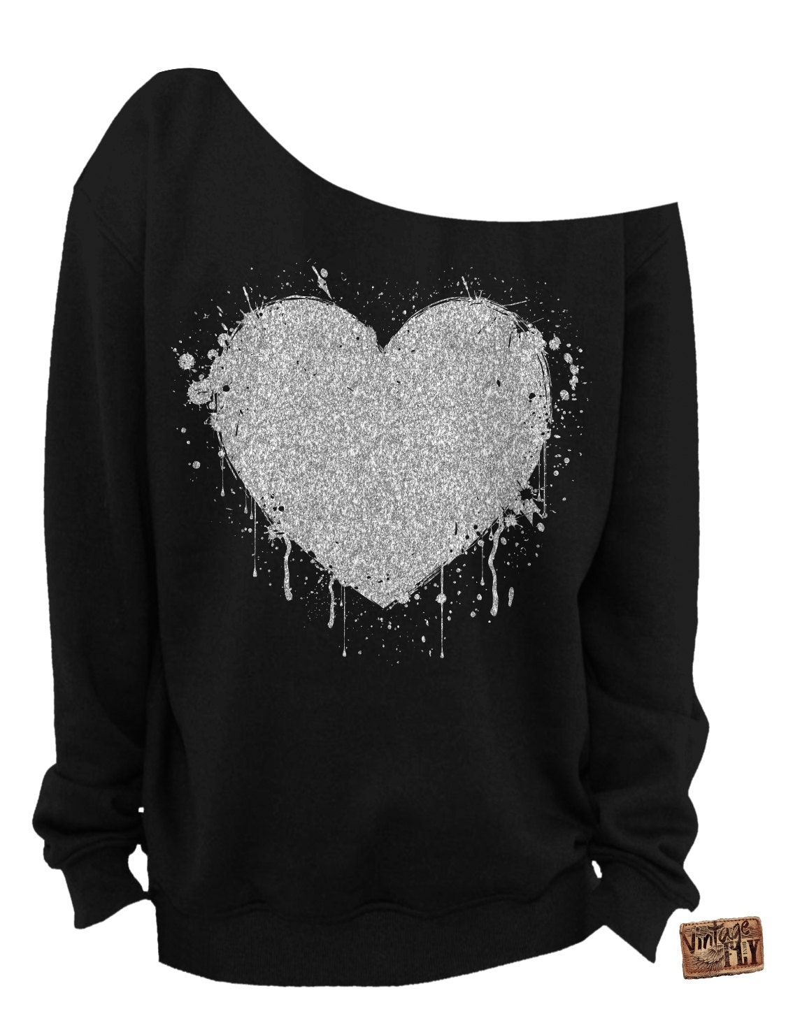 Damen Valentinstag - Herz Glitzer Slouchy Sweatshirt Grunge Splatter Von Der Schulter Silber Aufdruck S-3x von Vintageflyclothingco