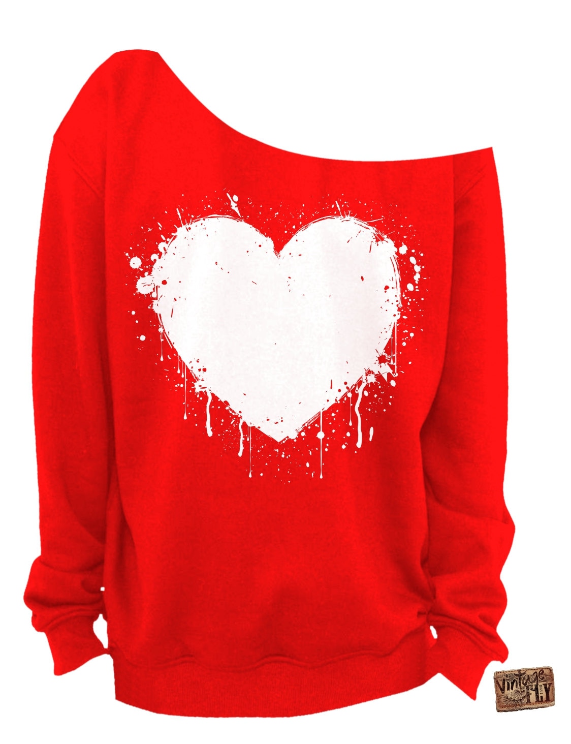 Damen Valentinstag Shirt - Herz Slouchy Sweatshirt Grunge Splatter Off The Shoulder Weißer Aufdruck S-3x von Vintageflyclothingco