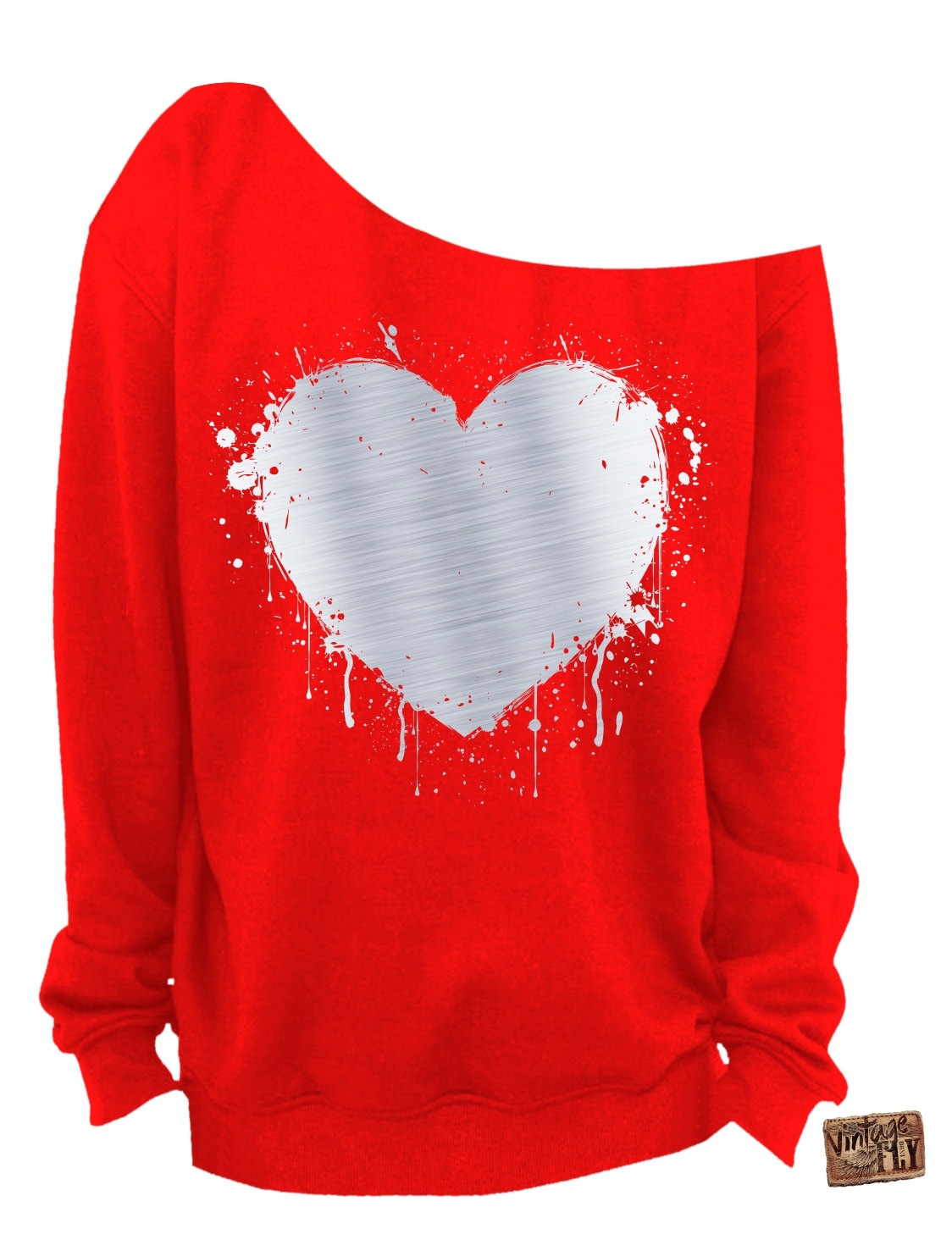 Damen Valentinstag Sweatshirt - Herz Folie Slouchy Sweatshirt Grunge Splatter Off The Shoulder Silver Foil Aufdruck S-3x von Vintageflyclothingco