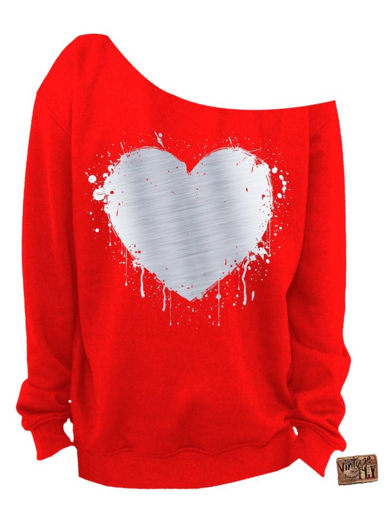Damen Valentinstag Sweatshirt - Herz Folie Slouchy Sweatshirt Grunge Splatter Off The Shoulder Silver Foil Aufdruck S-3x von Vintageflyclothingco