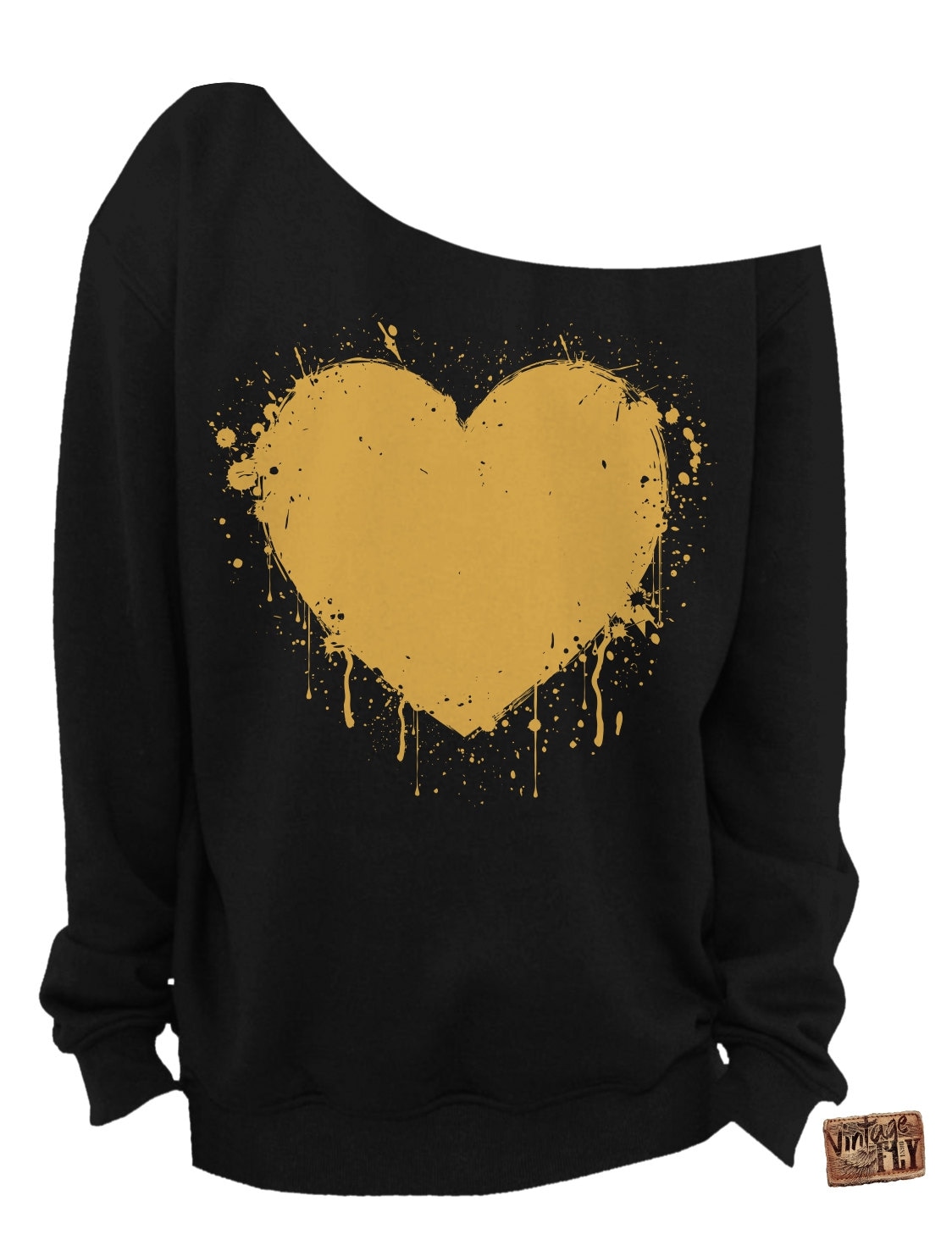 Damen Valentinstag Sweatshirt - Herz Slouchy Grunge Splatter Off The Shoulder Metallic Gold Aufdruck S-3x von Vintageflyclothingco
