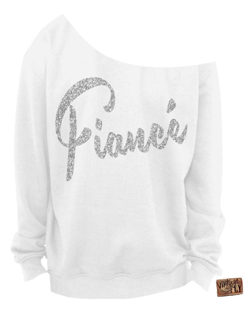 Fiance - Sweatshirt Brautdusche Damen Slouchy Sweatshirt Off The Shoulder Weißer Sweat Glitzerabdrücke S 3x von Vintageflyclothingco