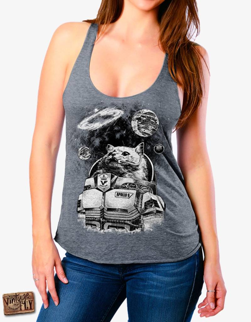 Ladies Racerback Tank Top - Space Cat Katze Shirt Tri Mischung Racer Zurück Tank in Schwarz, Grau, Indigo, Lila Und Royal -Größen S-xl von Vintageflyclothingco