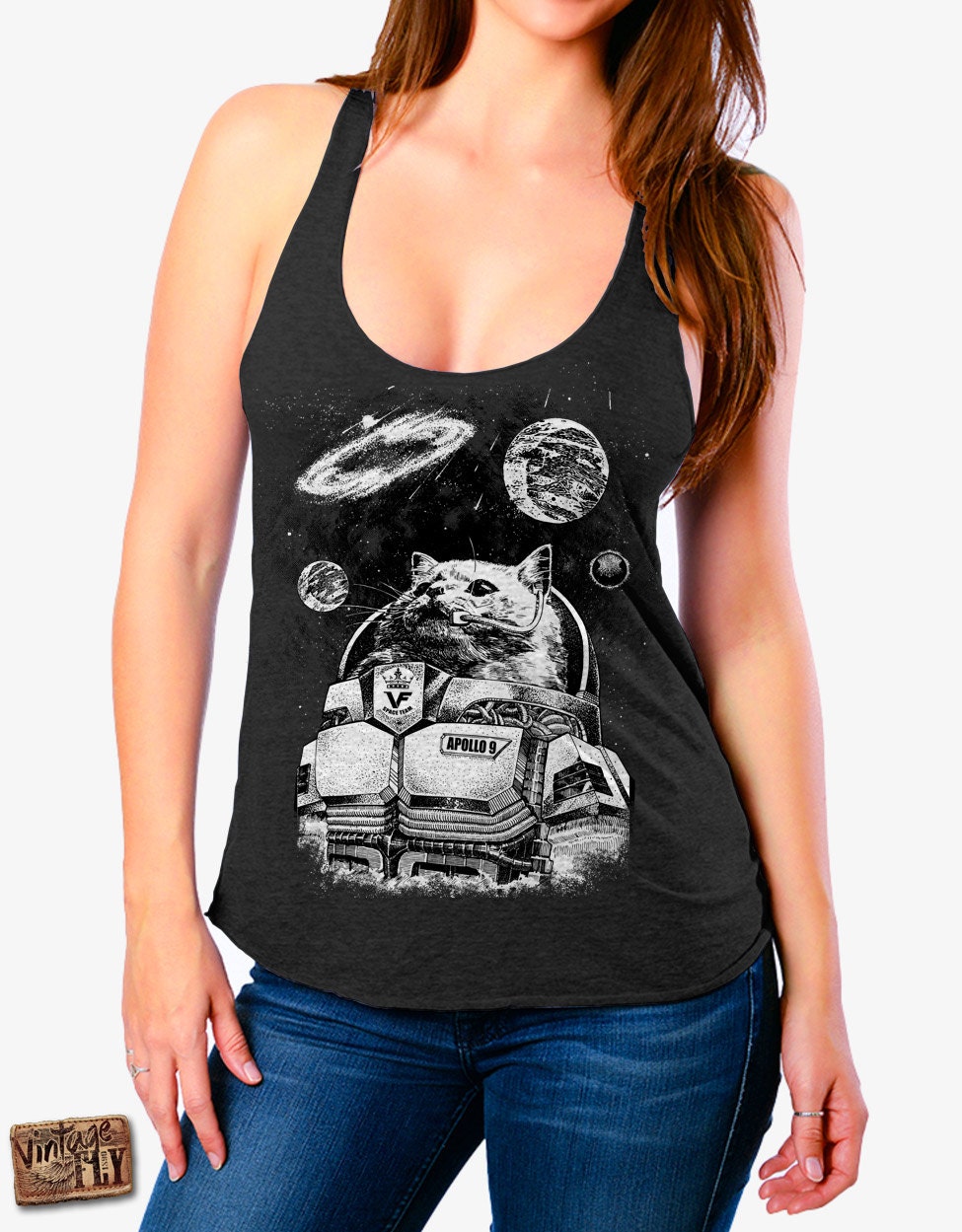 Racerback Tank Top Für Damen - Space Cat Katze Shirt Tri Mischung Racer Zurück Tank in Schwarz, Grau, Indigo, Lila Und Royal -Größen S-xl von Vintageflyclothingco