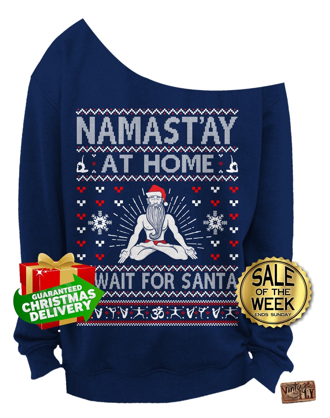 Tacky Christmas Sweater - Namastay Zu Hause & Warten Auf Santa Yoga Ohm Damen Slouchy Sweatshirt Schulterfrei S, M, L, Xl, Xxl, 3Xl von Vintageflyclothingco