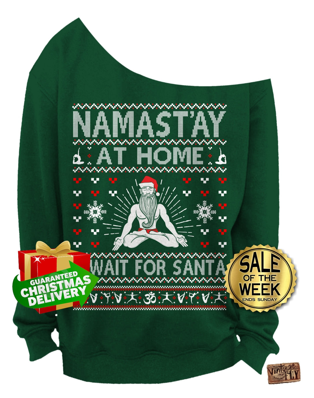 Ugly Christmas Sweater - Namastay Zu Hause & Warten Auf Santa Yoga Ohm Damen Slouchy Sweatshirt Schulterfrei S, M, L, Xl, Xxl, 3Xl von Vintageflyclothingco