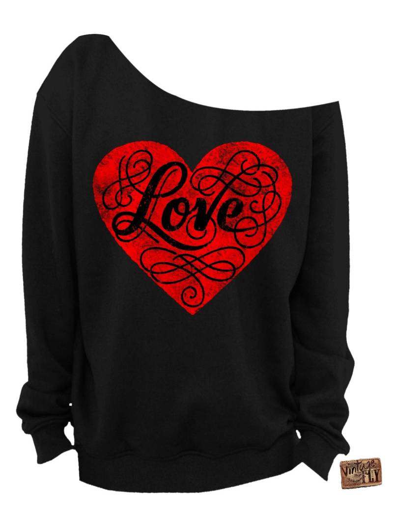 Valentins Tag Shirt - Liebe-Herz Slouchy Sweatshirt Von Der Schulter in Schwarz Und Weiß Mit Roter Tinte S-3 X von Vintageflyclothingco
