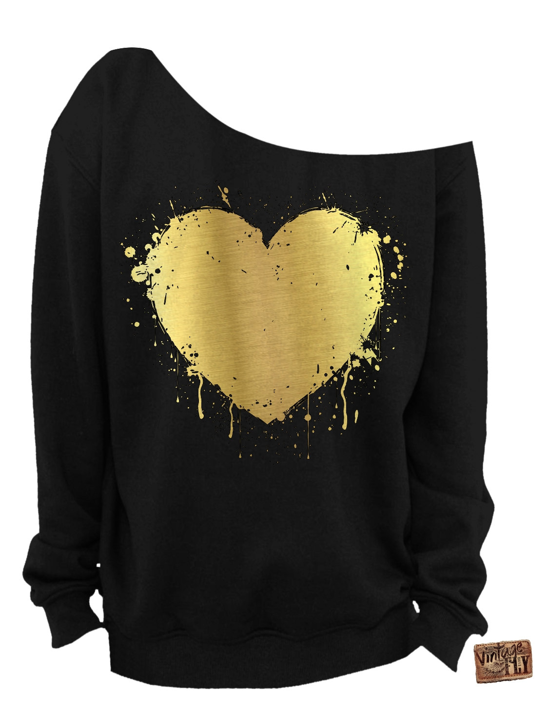 Valentinstag - Herz Folie Slouchy Sweatshirt Grunge Splatter Herz Off The Shoulder Gold Folienaufdruck S-3x von Vintageflyclothingco