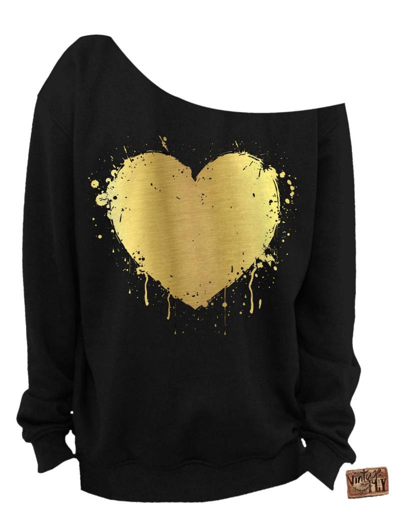 Valentinstag - Herz Folie Slouchy Sweatshirt Grunge Splatter Herz Off The Shoulder Gold Folienaufdruck S-3x von Vintageflyclothingco