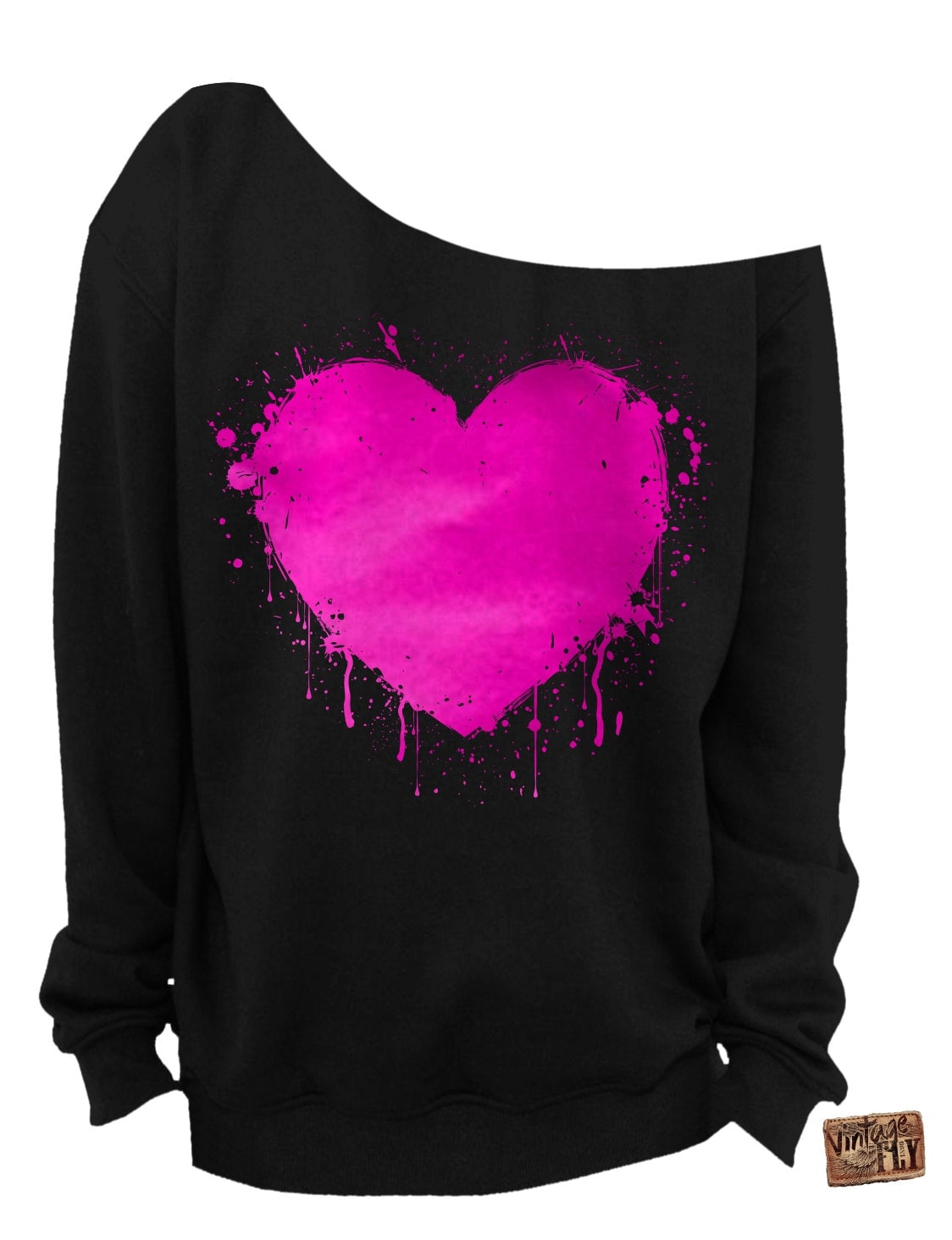 Valentinstag Herz - Folie Slouchy Sweatshirt Herz Grunge Splatter Off The Shoulder Pink Foil Aufdruck S-3x von Vintageflyclothingco