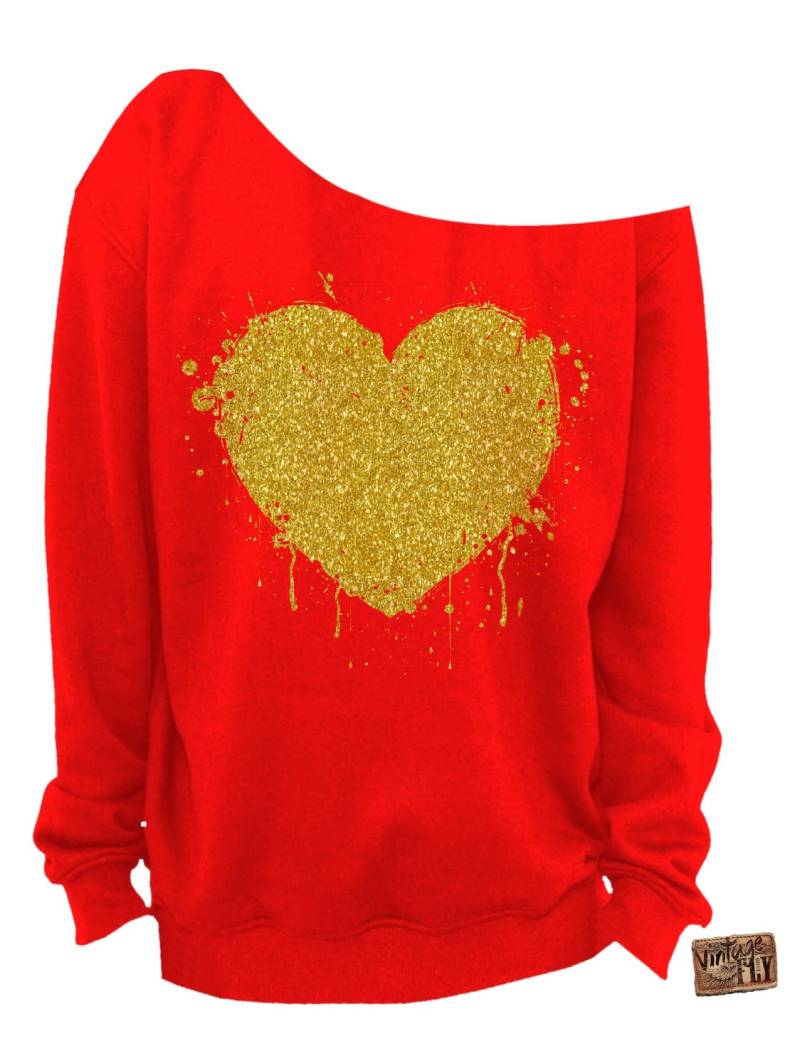 Valentinstag - Herz Glitzer Slouchy Sweatshirt Grunge Splatter Herz Von Der Schulter Gold Aufdruck S-3x von Vintageflyclothingco