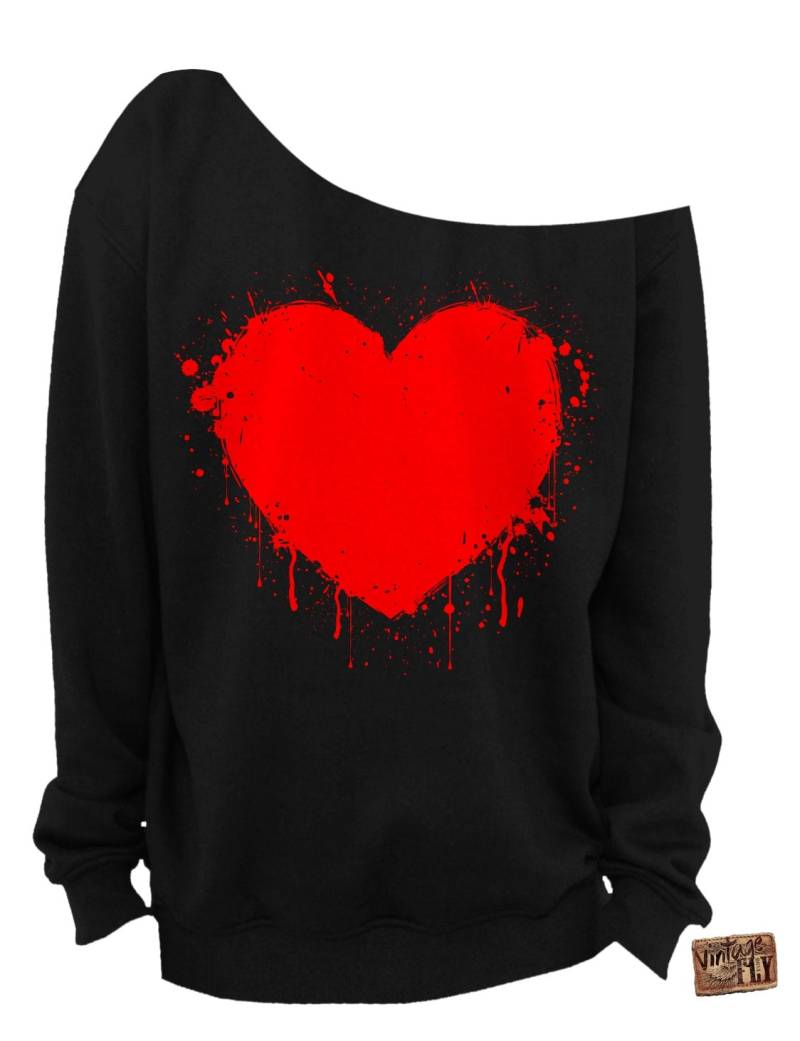Valentinstag Shirt - Herz Slouchy Sweatshirt Grunge Splatter Von Der Schulter Roter Aufdruck S-3x von Vintageflyclothingco