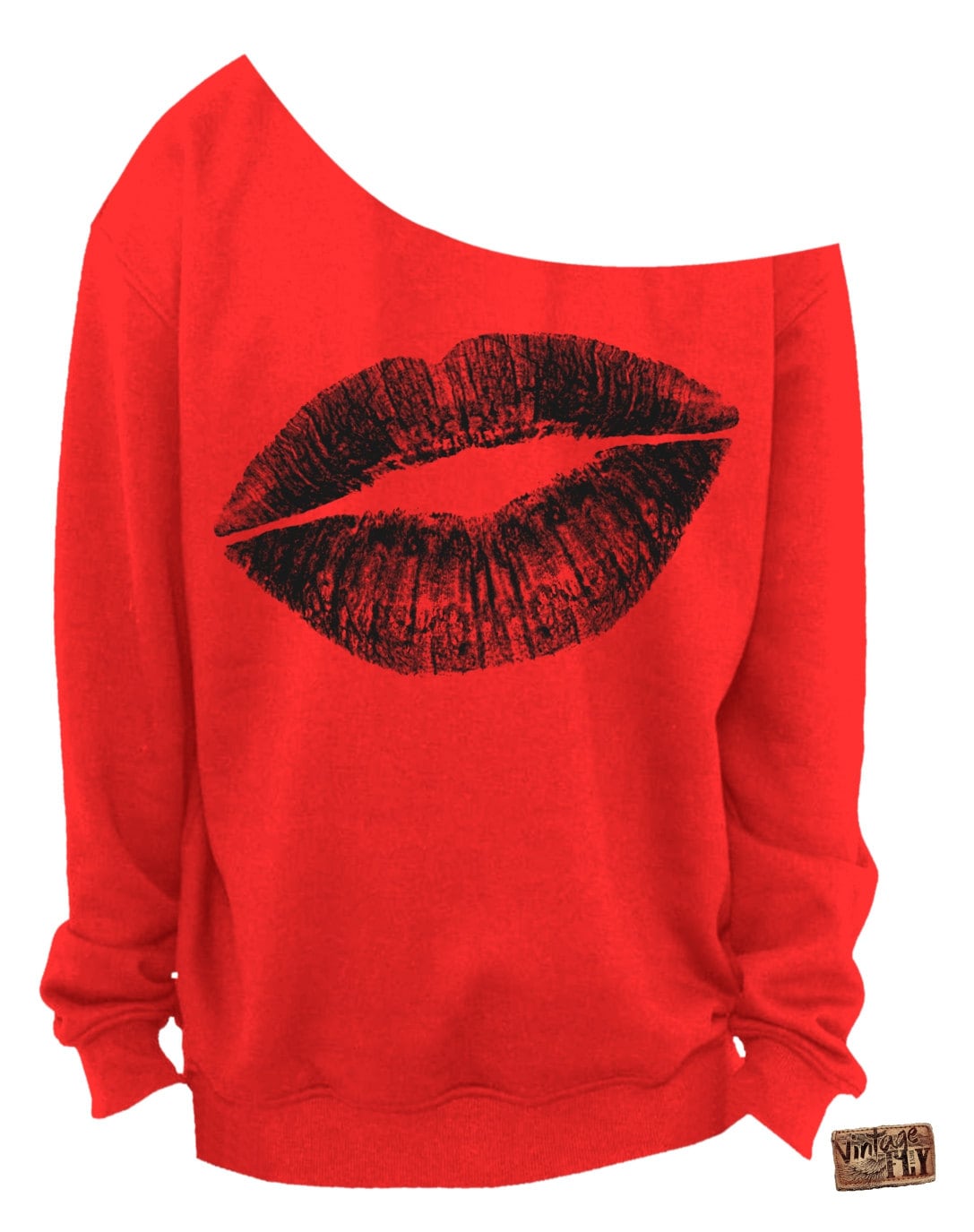 Valentinstag Shirt - Kiss Lips Slouchy Sweatshirt Von Der Schulter Sport Grau Rot Hot Pink Weiß Schwarze Tinte S-3x von Vintageflyclothingco