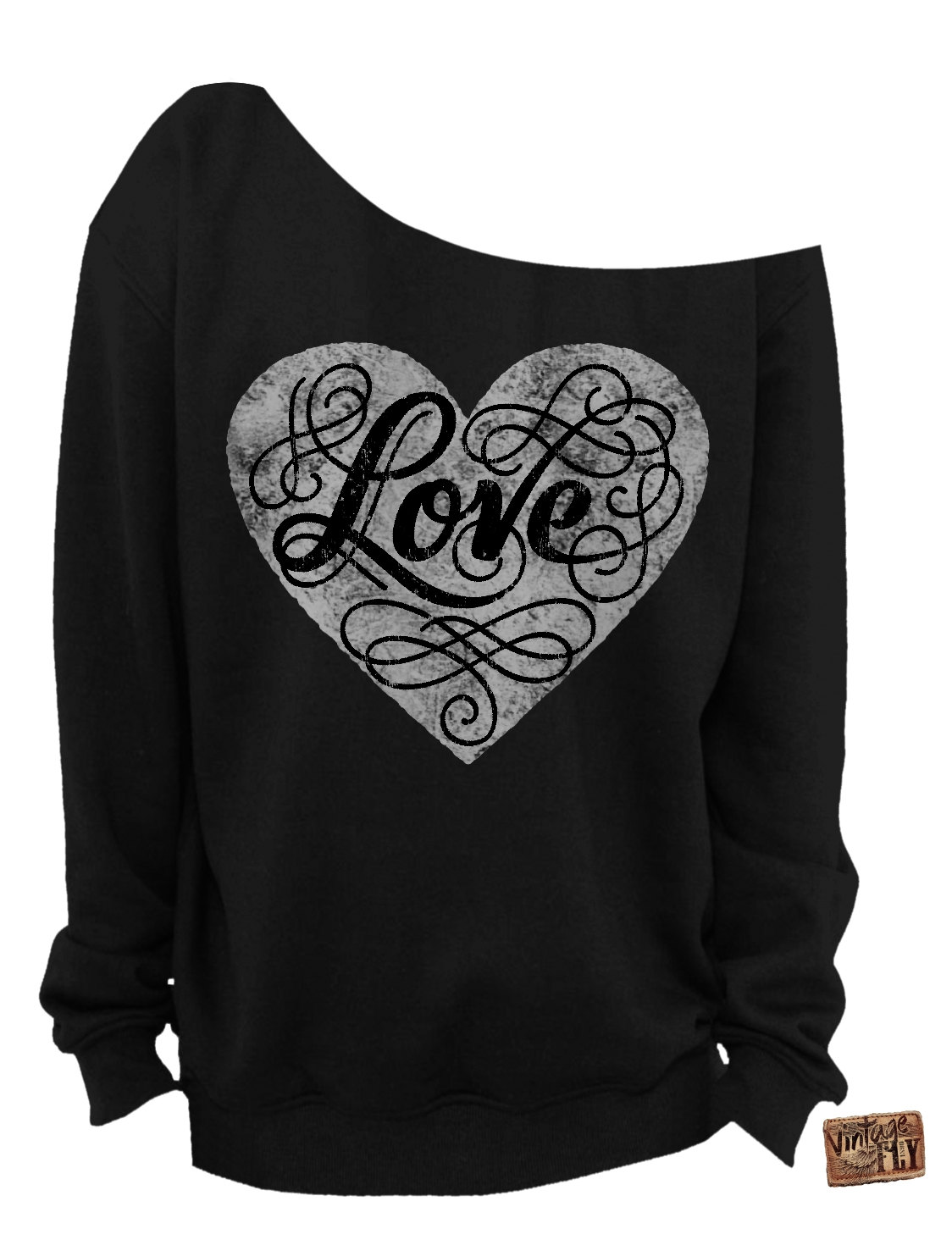 Valentinstag Shirt - Love Heart Slouchy Sweatshirt Von Der Schulter in Schwarz-Weiß Mit Metallic Silber Tinte S-3x von Vintageflyclothingco