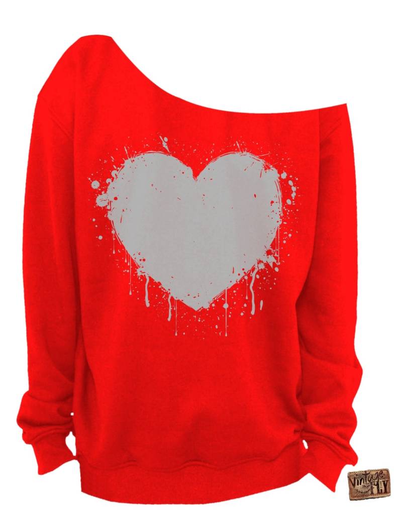 Valentinstag Slouchy Sweatshirt - Damenpullover Herz Grunge Splatter Von Der Schulter Metallic Silber Aufdruck S-3x von Vintageflyclothingco