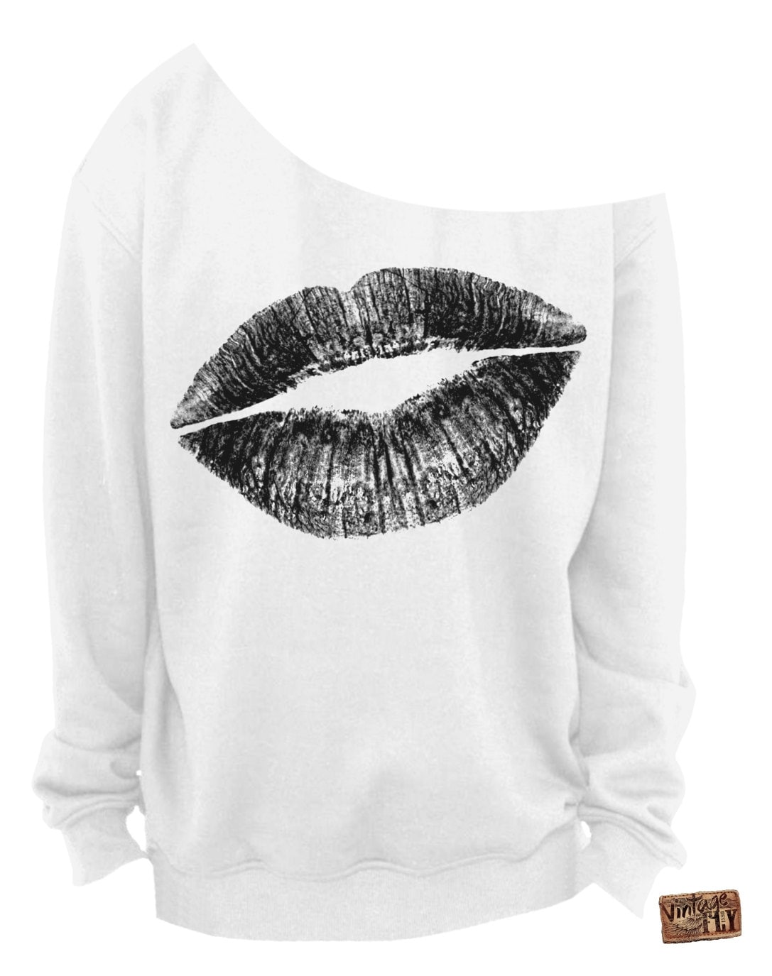 Valentinstag Slouchy Sweatshirt - Kiss Lips Slouchy Off The Shoulder Sport Grey Rot Rosa Weiß Schwarze Tinte S-3x von Vintageflyclothingco