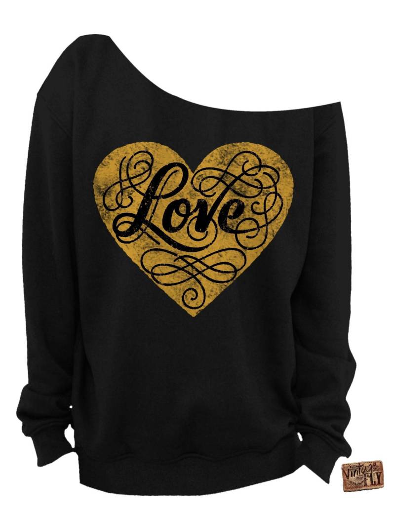 Valentinstag Sweatshirt - Love Heart Slouchy Sweatshirt Off The Shoulder in Schwarz Weiß Mit Metallic Gold Tinte S-3x von Vintageflyclothingco
