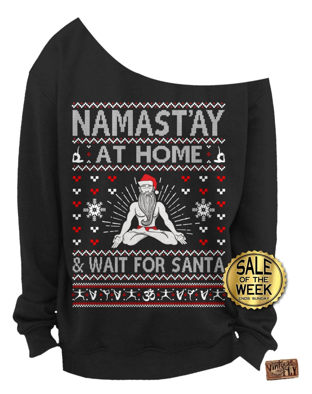 Yoga Christmas Sweater - Namastay Zu Hause & Warten Auf Santa Yoga Ohm Damen Slouchy Sweatshirt Schulterfrei S, M, L, Xl, Xxl, 3Xl von Vintageflyclothingco