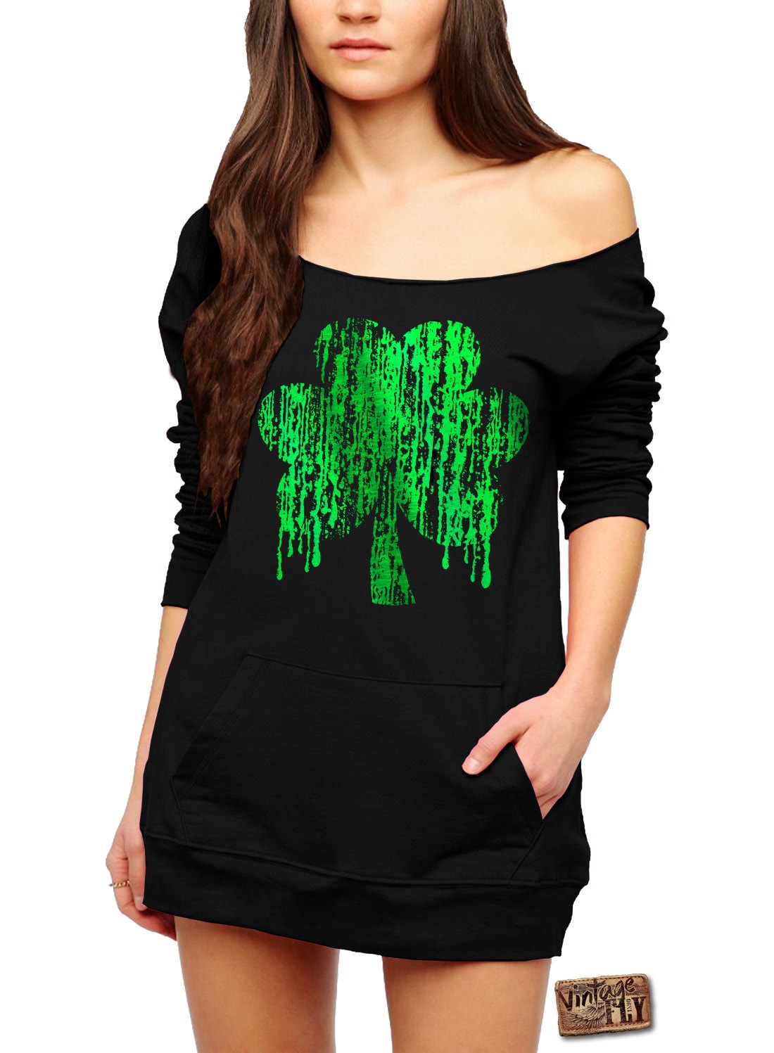 st Patricks Day - Foil Grunge Shamrock Slouchy Pullover Mit Tasche Damenpullover Irish Shirt Damen Schwarz S 3x von Vintageflyclothingco