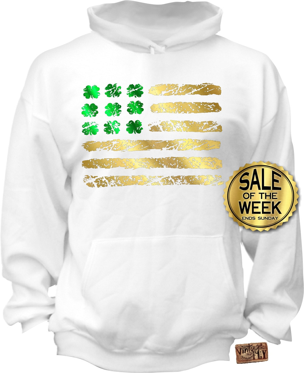 st Patricks Day Kapuzenpullover - Irish American Irish Shirt Damen Sweatshirt Shamrock Flag Grün & Gold Folie S-3x von Vintageflyclothingco